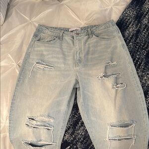 Women's Light Blue Distressed Straight Leg Jeans